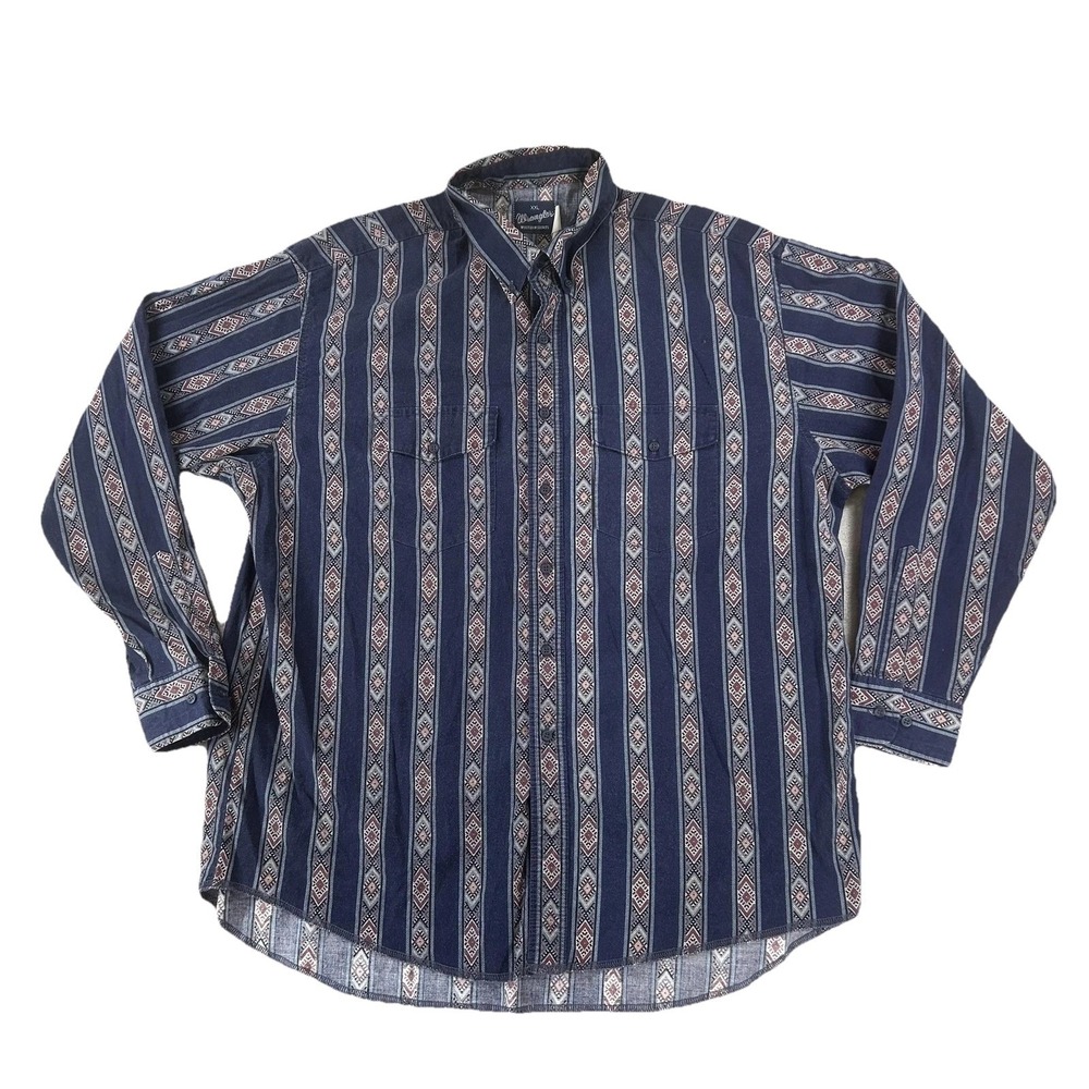 Wrangler Shirt Mens 2XL Blue Stripe Western Southwestern Button Up Casual